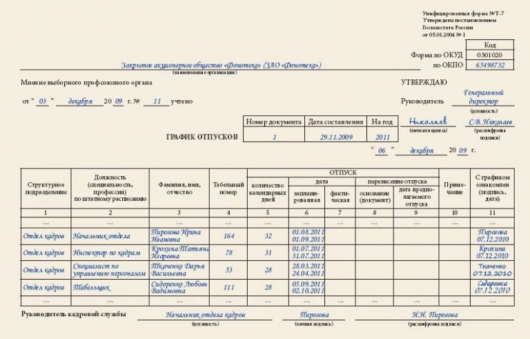 Таблица отпусков образец